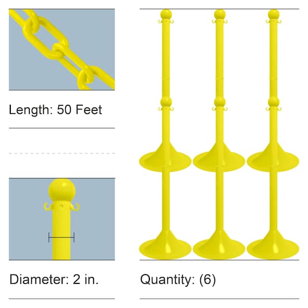 Yellow Light Duty Stowable Stanchion Kit and Chain, 6PK